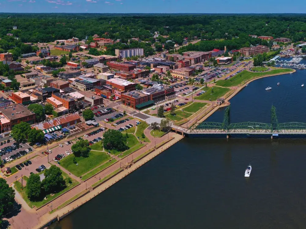 Aerial view of historic downtown Stillwater in Washington County, MN