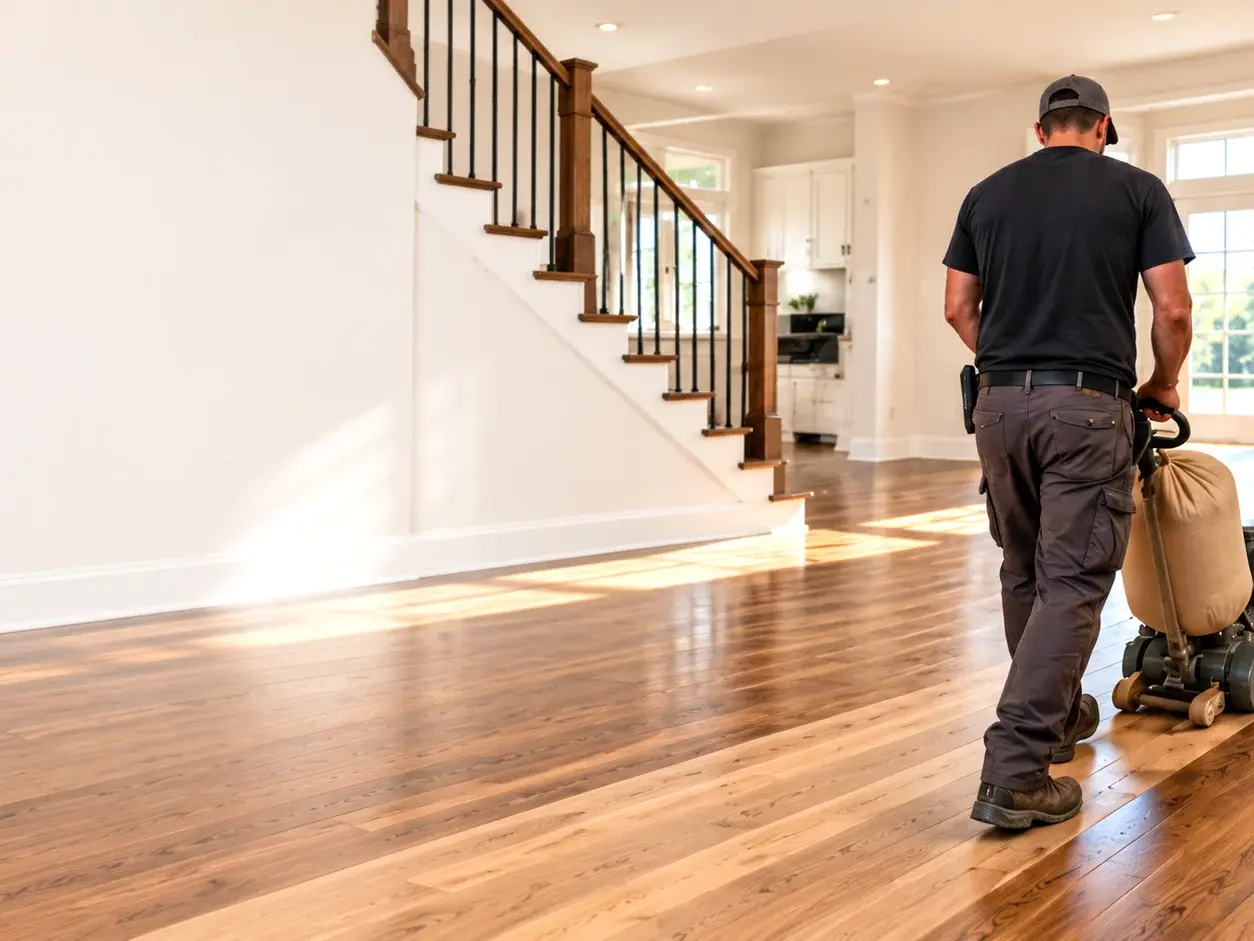 Orange Exteriors installer sanding a hardwood floor in an Eden Prairie, MN home