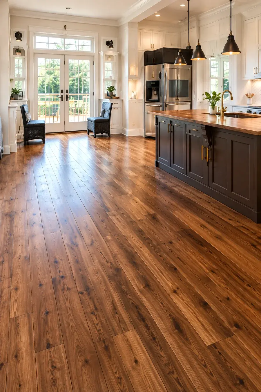 Finished hardwood flooring running through a kitchen in an Eden Prairie, MN home