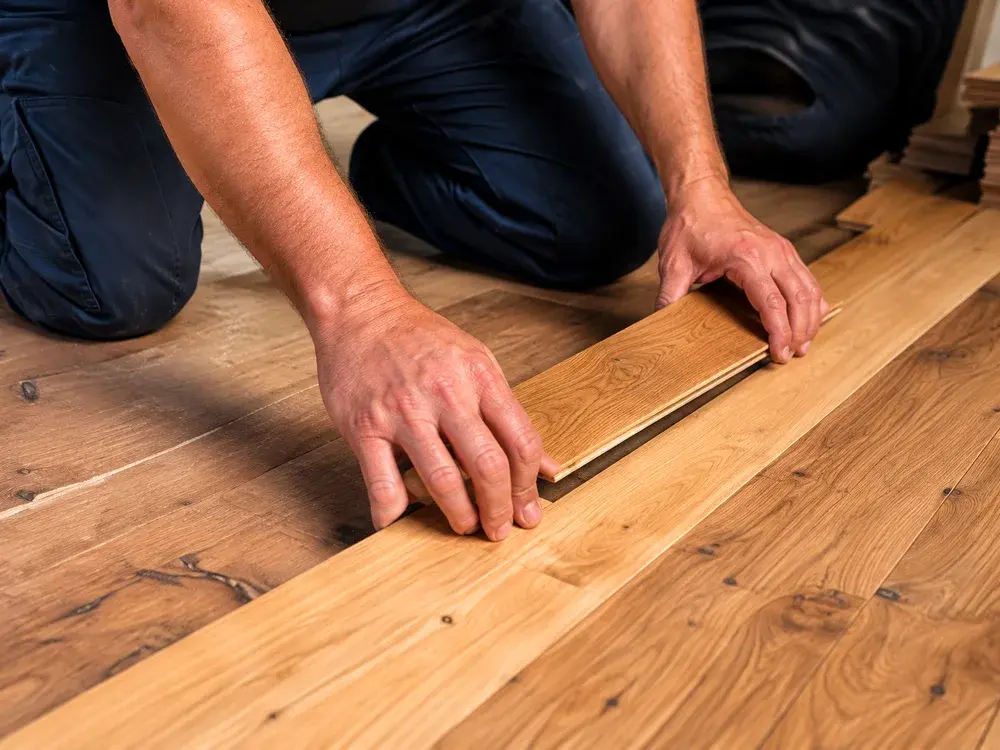 Installer laying a hardwood plank in an Eden Prairie, MN home