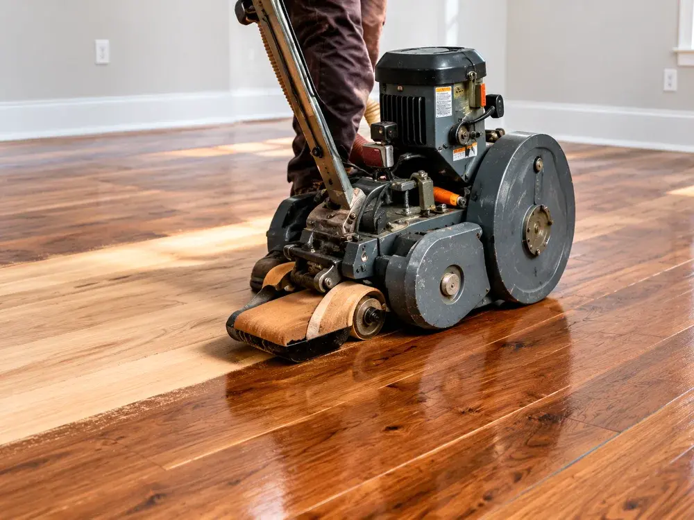 Drum sander refinishing an existing hardwood floor in Eden Prairie, MN