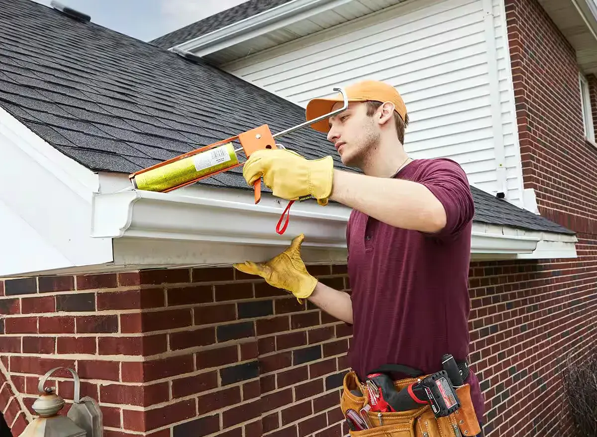 Orange Exteriors technician sealing a gutter seam on a brick home in Eden Prairie, MN