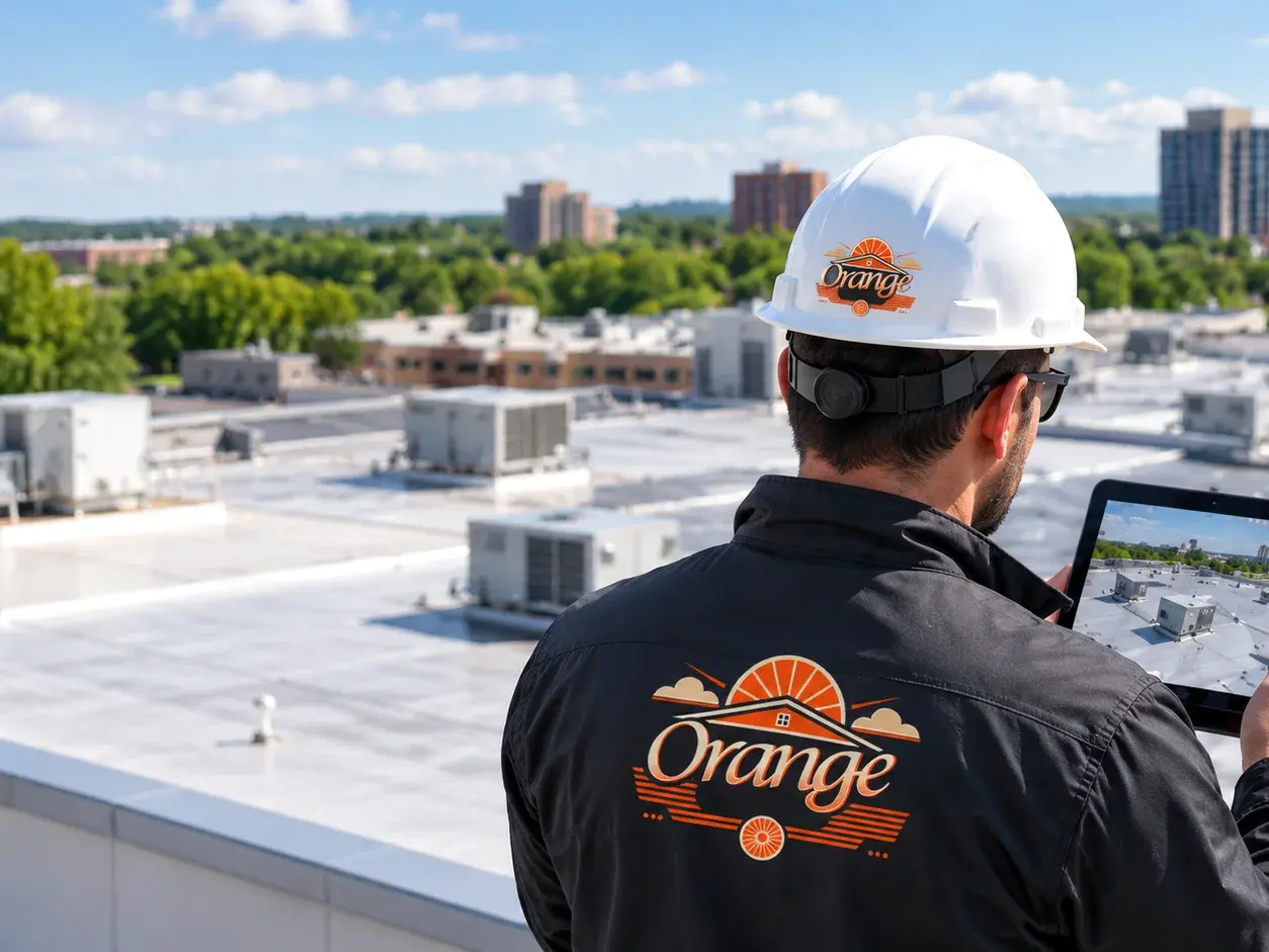 Orange Exteriors inspector recording rooftop conditions on a tablet during a commercial roof assessment in Eden Prairie, MN Orange Exteriors inspector recording rooftop conditions on a tablet during a commercial roof assessment in Eden Prairie, MN