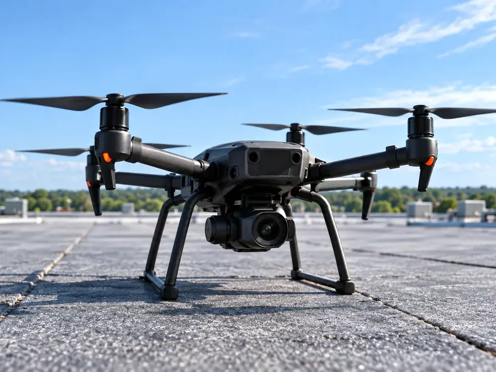 Drone on a low slope commercial roof before an assessment flight in Eden Prairie, MN Drone on a low slope commercial roof before an assessment flight in Eden Prairie, MN