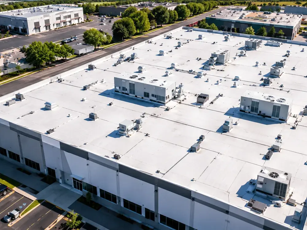 Aerial view of a flat commercial roof and its rooftop units in Eden Prairie, MN Aerial view of a flat commercial roof and its rooftop units in Eden Prairie, MN