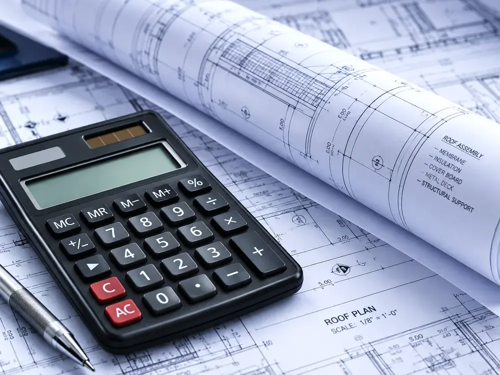 Calculator and building plans used to price roof corrections in Eden Prairie, MN Calculator and building plans used to price roof corrections in Eden Prairie, MN