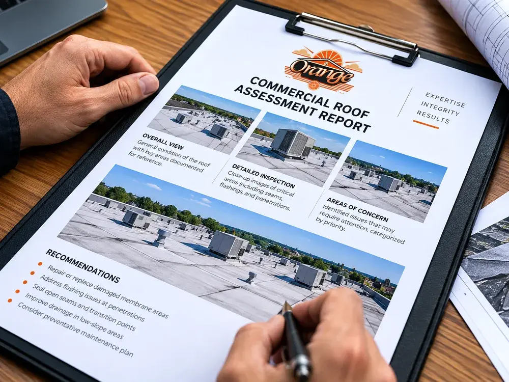 Commercial roof assessment findings being reviewed on a clipboard in Eden Prairie, MN Commercial roof assessment findings being reviewed on a clipboard in Eden Prairie, MN
