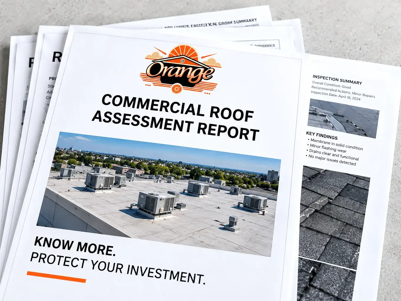 Printed Orange Exteriors commercial roof assessment report pages for a building in Eden Prairie, MN Printed Orange Exteriors commercial roof assessment report pages for a building in Eden Prairie, MN