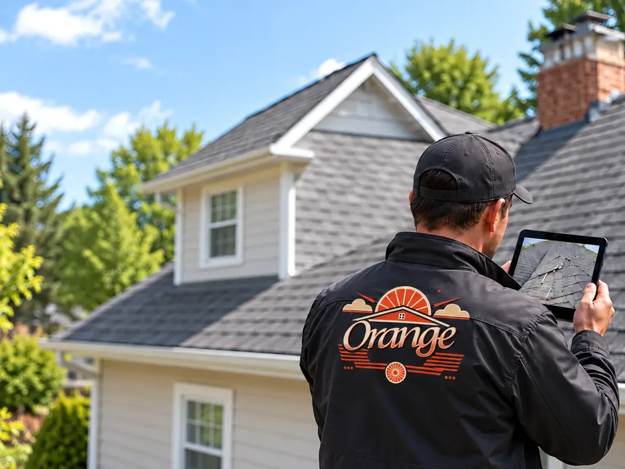 Orange Exteriors inspector recording shingle condition on a tablet during a certified roof assessment in Eden Prairie, MN Orange Exteriors inspector recording shingle condition on a tablet during a certified roof assessment in Eden Prairie, MN