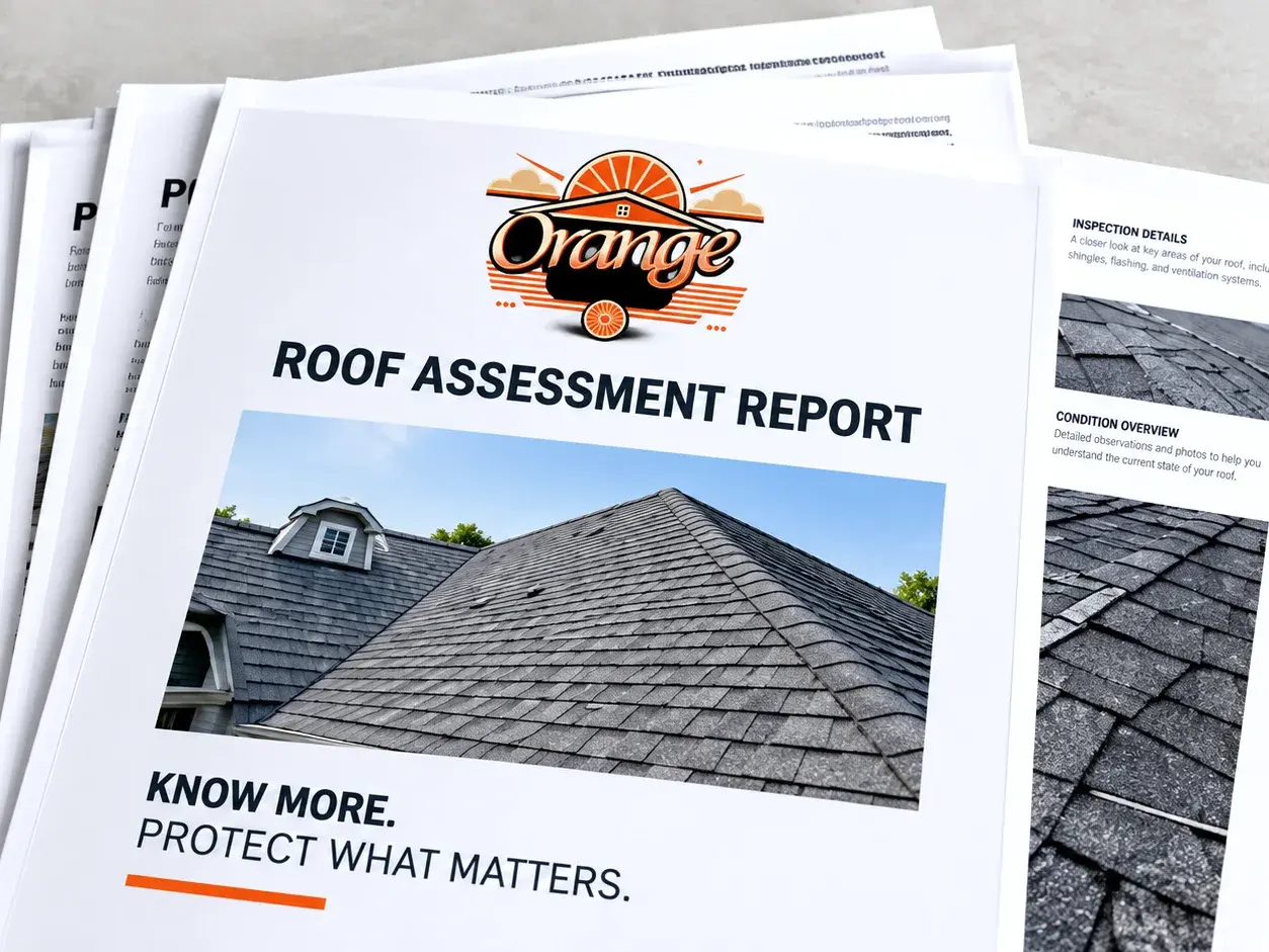 Printed Orange Exteriors roof assessment report pages for a home in Eden Prairie, MN Printed Orange Exteriors roof assessment report pages for a home in Eden Prairie, MN