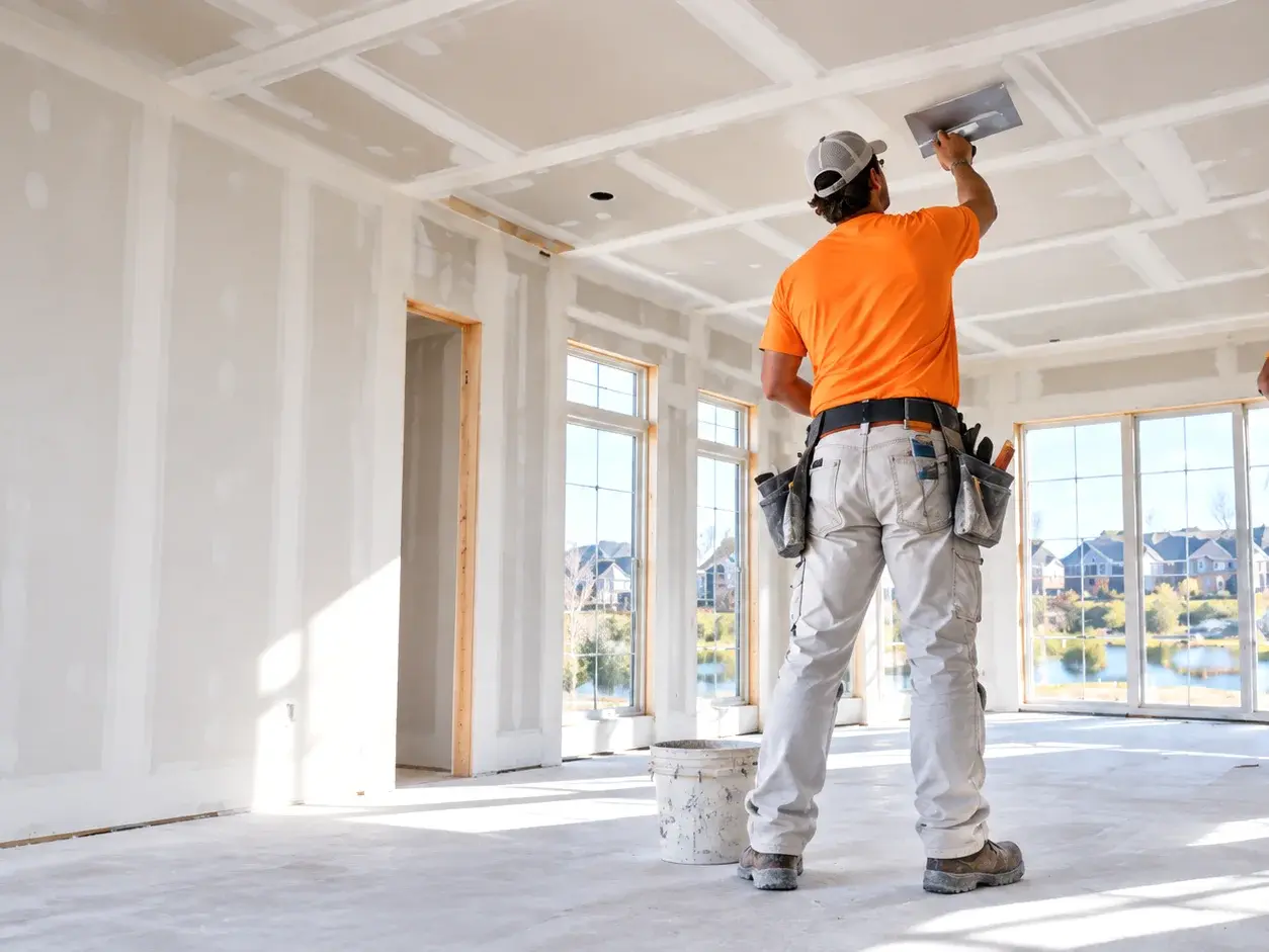 Orange Exteriors crew finishing drywall ceilings on stilts in a custom home under construction in Eden Prairie, MN Orange Exteriors crew finishing drywall ceilings on stilts in a custom home under construction in Eden Prairie, MN