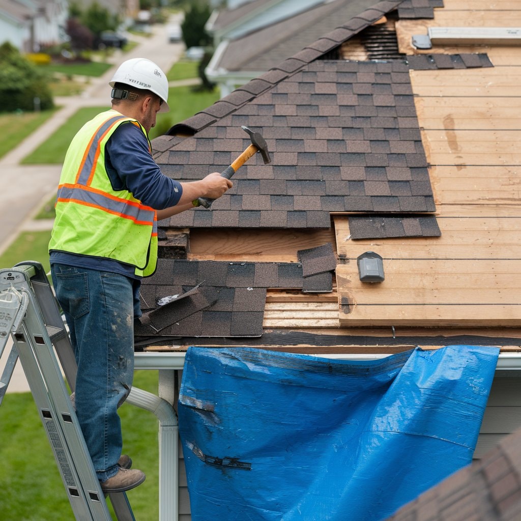 Crew installing new shingle roof on Minnesota home during full replacement project